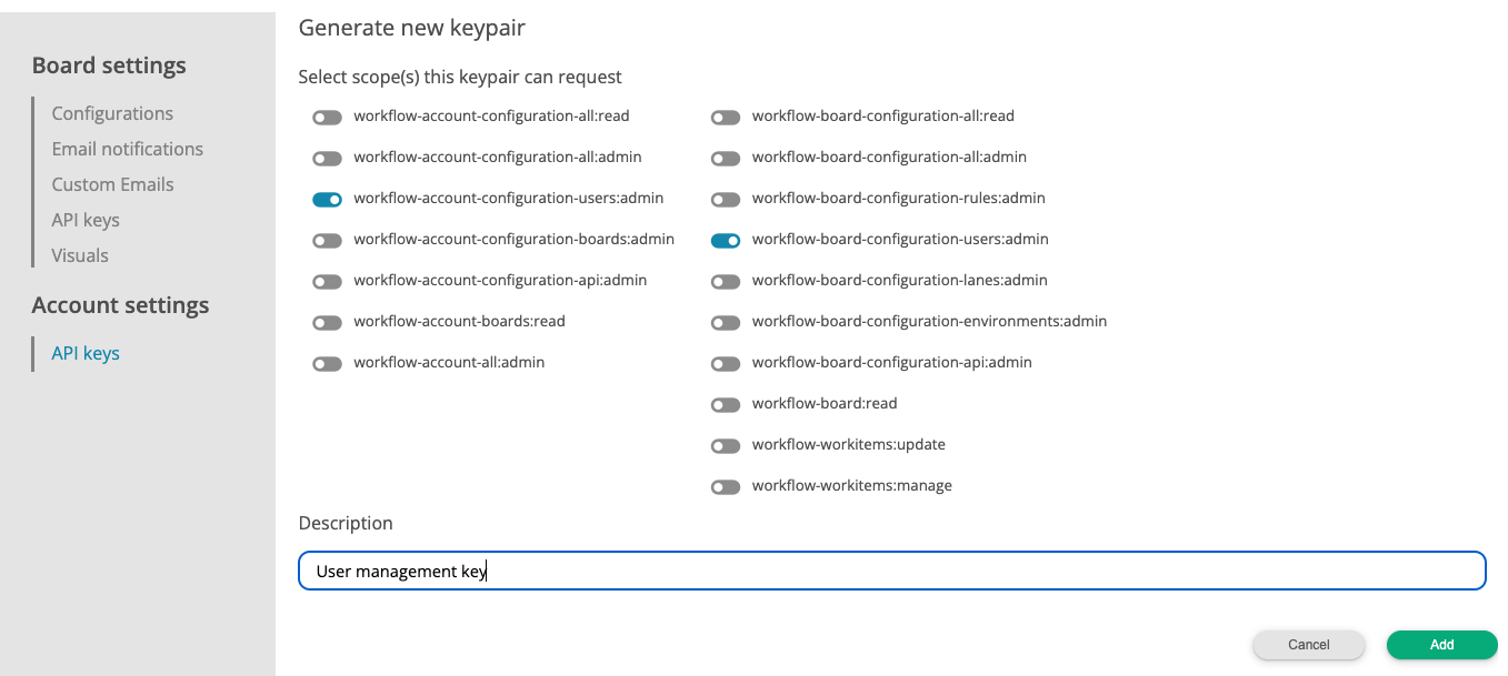 API keys in account settings